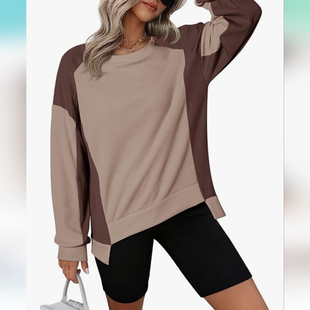 DOKOTOO | Women's Brown/Tan Waffle Knit Long Sleeved Oversized Colorblock Top